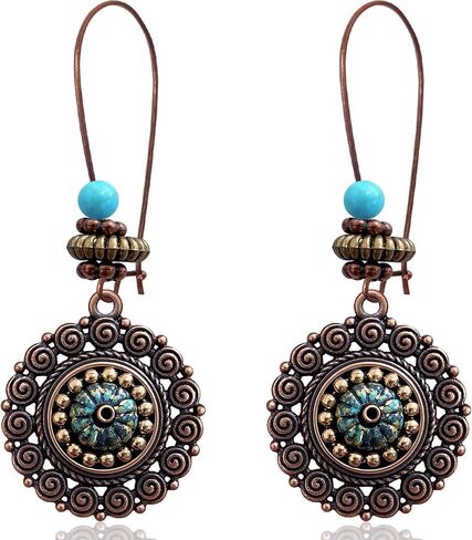 Bohemian Vintage Copper Round Circle Disc Dangle Drop Earrings Geometric Flower Swirl Maze Spiral Leverback Earrings for Women in Saudi Arabia