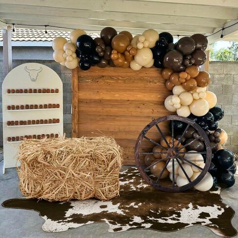 Hoteam 3 Pcs Western Cowboy Party Decor Straw Hay Bale Stack Wooden Wagon Wheel Cowhide Rug Wild West Cowboy Backdrop Supplies for Western Birthday Photo Booth Props Cowgirl Farm Accessories in Kuwait