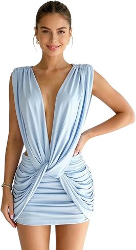 Women's Sleeveless Deep V Neck Mini Dress Twist Knot Ruched Backless Bodycon Cocktail Party Dress in Kuwait