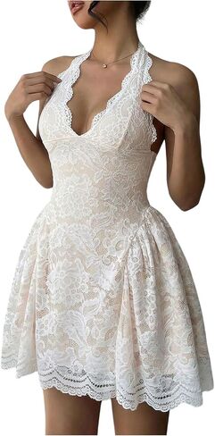 SOLY HUX Women's Floral Lace Halter Mini Dress Deep V Neck Open Back A Line Flowy Coquette Dresses in Kuwait