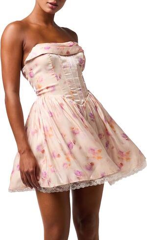 Lulus Terry Corset Mini Dress Strapless Bustier Bodice Cowl Neck Basque Waist Lace Trim Skater Skirt Lace-Up Back in Saudi Arabia