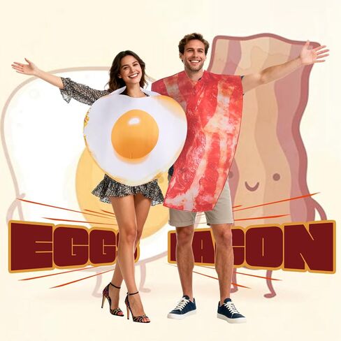 2PCS Couples Halloween Costumes - Funny Bacon & Egg One-Size Food Theme Outfits for Adult Halloween Dress Up, Costume Contests & Breakfast Themed Parties in Saudi Arabia