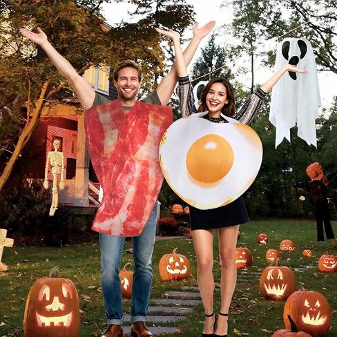 2PCS Couples Halloween Costumes - Funny Bacon & Egg One-Size Food Theme Outfits for Adult Halloween Dress Up, Costume Contests & Breakfast Themed Parties in Saudi Arabia