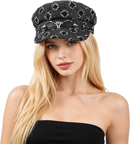Distressed Newsboy Cap for Women Breathable Baker Cabbie Cap Denim Visor Beret Hat Retro Flat Cadet Hat in Kuwait