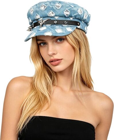 Distressed Newsboy Cap for Women Breathable Baker Cabbie Cap Denim Visor Beret Hat Retro Flat Cadet Hat in Kuwait