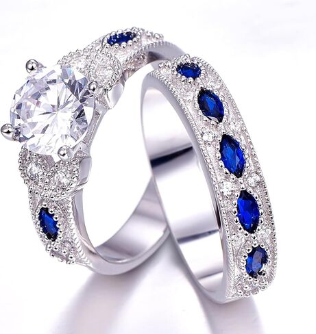 Yaresul 3.5ct Round Cut Cubic Zirconia Wedding Sets for Women with Created Blue Sapphire Women's Bridal Rings Sets White Gold Plated Blue Engagement Ring for Grandma, Mother, Gift for Her Size 5-10 in Saudi Arabia