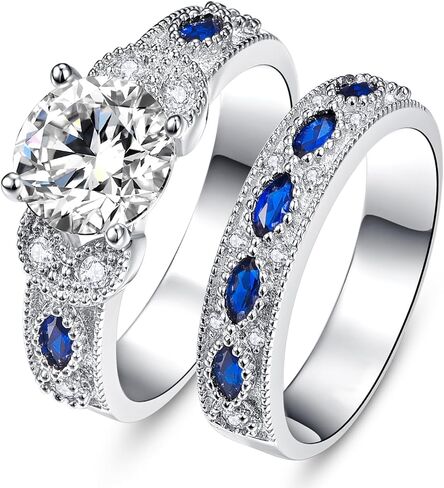 Yaresul 3.5ct Round Cut Cubic Zirconia Wedding Sets for Women with Created Blue Sapphire Women's Bridal Rings Sets White Gold Plated Blue Engagement Ring for Grandma, Mother, Gift for Her Size 5-10 in Saudi Arabia