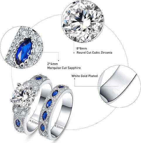 Yaresul 3.5ct Round Cut Cubic Zirconia Wedding Sets for Women with Created Blue Sapphire Women's Bridal Rings Sets White Gold Plated Blue Engagement Ring for Grandma, Mother, Gift for Her Size 5-10 in Saudi Arabia