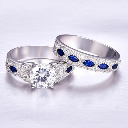 Yaresul 3.5ct Round Cut Cubic Zirconia Wedding Sets for Women with Created Blue Sapphire Women's Bridal Rings Sets White Gold Plated Blue Engagement Ring for Grandma, Mother, Gift for Her Size 5-10 in Saudi Arabia