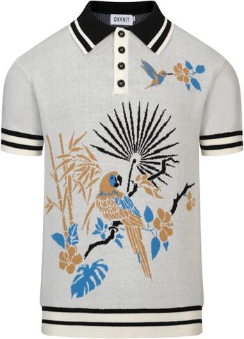 OXKNIT Men's Knit Short Sleeve Shirts Retro Knitted Polo Shirt Art Bird Pattern Beige Cotton Polo with Quarter Button in Saudi Arabia