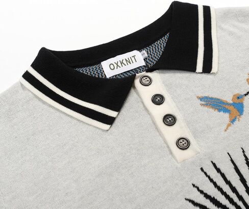 OXKNIT Men's Knit Short Sleeve Shirts Retro Knitted Polo Shirt Art Bird Pattern Beige Cotton Polo with Quarter Button in Saudi Arabia
