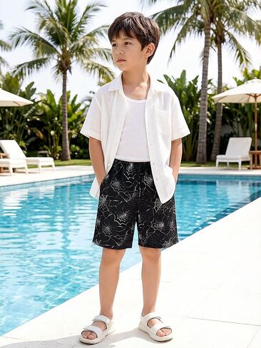 Boys Swim Trunks Quick Dry Printed Adjustable Elastic Waist Liner Beach Pool Summer Bathing Swim Shorts in Kuwait