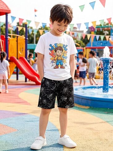 Boys Swim Trunks Quick Dry Printed Adjustable Elastic Waist Liner Beach Pool Summer Bathing Swim Shorts in Kuwait