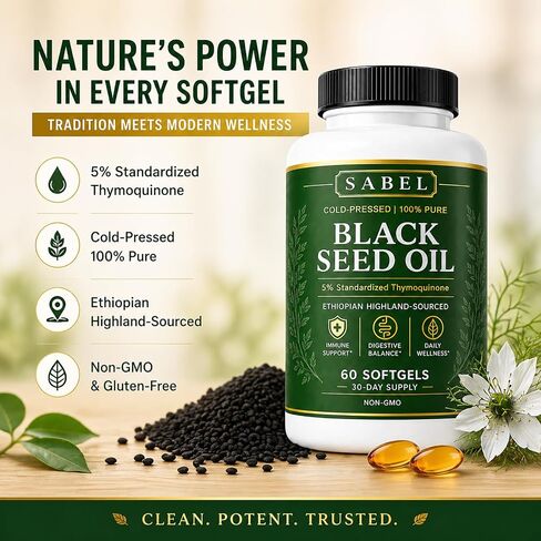 Ethiopian Black Seed Oil Capsules, with 5% Thymoquinone & Carvacrol, Digestive Balance & Daily Wellness, Non-GMO, Gluten-Free, 60 Count Softgels in Saudi Arabia