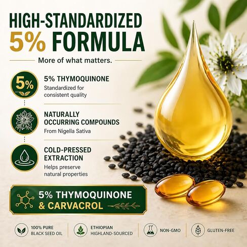 Ethiopian Black Seed Oil Capsules, with 5% Thymoquinone & Carvacrol, Digestive Balance & Daily Wellness, Non-GMO, Gluten-Free, 60 Count Softgels in Saudi Arabia