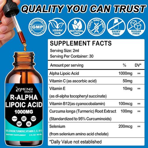 Alpha Lipoic Acid Liquid Drops 1000mg with Stabilized R-ALA, Antioxidant Supplement for Metabolism, Nerve & Brain Health, Anti-Aging, Fast Acting Liquid Alpha-Lipoic Acid Than Capsules Gummies丨 Vegan in Saudi Arabia