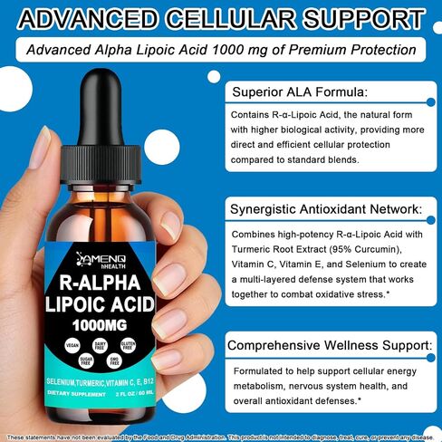 Alpha Lipoic Acid Liquid Drops 1000mg with Stabilized R-ALA, Antioxidant Supplement for Metabolism, Nerve & Brain Health, Anti-Aging, Fast Acting Liquid Alpha-Lipoic Acid Than Capsules Gummies丨 Vegan in Saudi Arabia