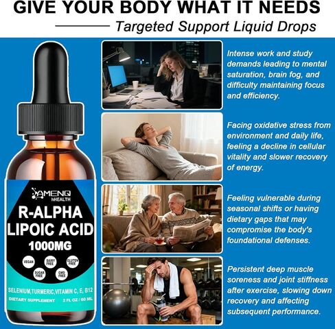 Alpha Lipoic Acid Liquid Drops 1000mg with Stabilized R-ALA, Antioxidant Supplement for Metabolism, Nerve & Brain Health, Anti-Aging, Fast Acting Liquid Alpha-Lipoic Acid Than Capsules Gummies丨 Vegan in Saudi Arabia