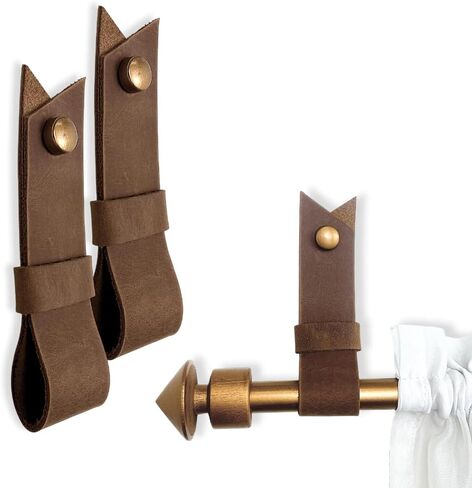 2 Pc Minimalist Design Leather Curtain Rod Bracket - Easy to Install Set of Universal Wall Hanging Strap Curtain Rod Holders with Screws and Plastic Wall Plugs - 4.8" x 1.2" (Brown) in Kuwait