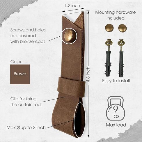2 Pc Minimalist Design Leather Curtain Rod Bracket - Easy to Install Set of Universal Wall Hanging Strap Curtain Rod Holders with Screws and Plastic Wall Plugs - 4.8" x 1.2" (Brown) in Kuwait