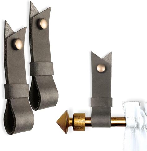 2 Pc Minimalist Design Leather Curtain Rod Bracket - Easy to Install Set of Universal Wall Hanging Strap Curtain Rod Holders with Screws and Plastic Wall Plugs - 4.8" x 1.2" (Brown) in Kuwait