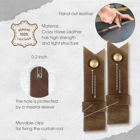 2 Pc Minimalist Design Leather Curtain Rod Bracket - Easy to Install Set of Universal Wall Hanging Strap Curtain Rod Holders with Screws and Plastic Wall Plugs - 4.8" x 1.2" (Brown) in Kuwait