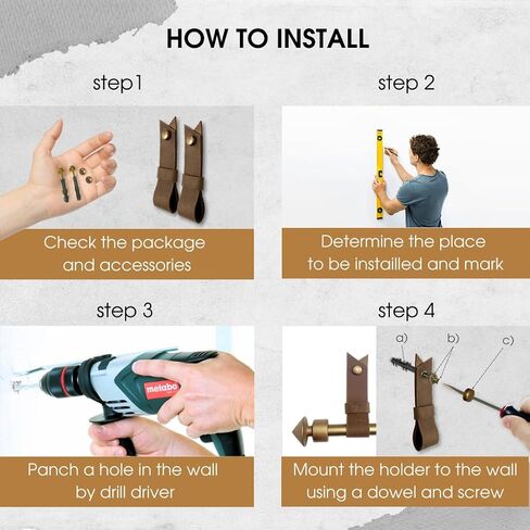 2 Pc Minimalist Design Leather Curtain Rod Bracket - Easy to Install Set of Universal Wall Hanging Strap Curtain Rod Holders with Screws and Plastic Wall Plugs - 4.8" x 1.2" (Brown) in Kuwait