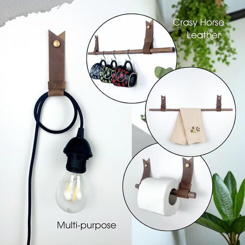 2 Pc Minimalist Design Leather Curtain Rod Bracket - Easy to Install Set of Universal Wall Hanging Strap Curtain Rod Holders with Screws and Plastic Wall Plugs - 4.8" x 1.2" (Brown) in Kuwait