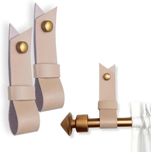 2 Pc Minimalist Design Leather Curtain Rod Bracket - Easy to Install Set of Universal Wall Hanging Strap Curtain Rod Holders with Screws and Plastic Wall Plugs - 4.8" x 1.2" (Brown) in Kuwait