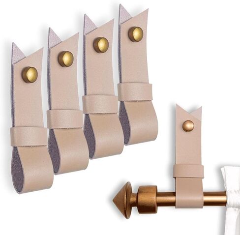 2 Pc Minimalist Design Leather Curtain Rod Bracket - Easy to Install Set of Universal Wall Hanging Strap Curtain Rod Holders with Screws and Plastic Wall Plugs - 4.8" x 1.2" (Brown) in Kuwait