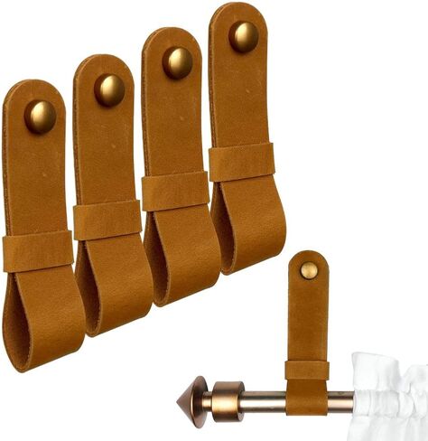 2 Pc Minimalist Design Leather Curtain Rod Bracket - Easy to Install Set of Universal Wall Hanging Strap Curtain Rod Holders with Screws and Plastic Wall Plugs - 4.8" x 1.2" (Brown) in Kuwait