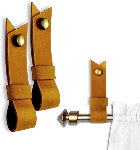 2 Pc Minimalist Design Leather Curtain Rod Bracket - Easy to Install Set of Universal Wall Hanging Strap Curtain Rod Holders with Screws and Plastic Wall Plugs - 4.8" x 1.2" (Brown) in Kuwait