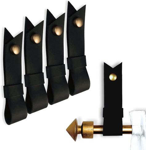 2 Pc Minimalist Design Leather Curtain Rod Bracket - Easy to Install Set of Universal Wall Hanging Strap Curtain Rod Holders with Screws and Plastic Wall Plugs - 4.8" x 1.2" (Brown) in Kuwait