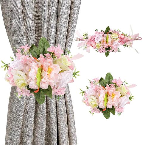 2Pcs Flower Curtain Tiebacks,Artificial Floral Curtain Holdbacks for Window Tie Backs Decorative Rope Buckle,for Home Office Decor (Pink) in Saudi Arabia