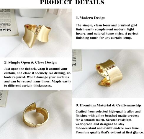 2 Pack Gold Curtain Tiebacks for Living Room, Metal Curtain Holdbacks with Matte Smooth Finish, Open and Close Design for Medium to Thick Curtains, Modern Window Hardware, Brushed Gold in Saudi Arabia
