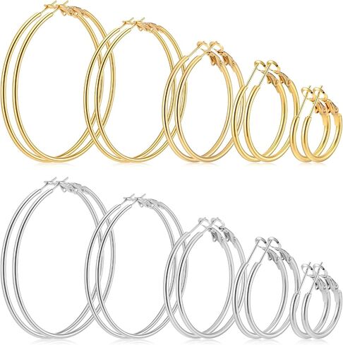 10 Pairs Silver and Gold Hoop Earrings, Stainless Steel Hoop Earrings, Lightweight Dangle Earring Set Big Thin Jewelry for Women (20/30/40/50/60 mm) in Saudi Arabia