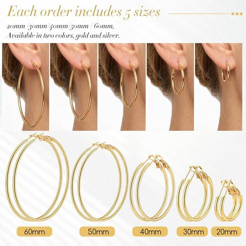 10 Pairs Silver and Gold Hoop Earrings, Stainless Steel Hoop Earrings, Lightweight Dangle Earring Set Big Thin Jewelry for Women (20/30/40/50/60 mm) in Saudi Arabia
