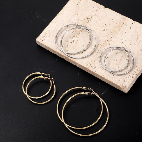 10 Pairs Silver and Gold Hoop Earrings, Stainless Steel Hoop Earrings, Lightweight Dangle Earring Set Big Thin Jewelry for Women (20/30/40/50/60 mm) in Saudi Arabia