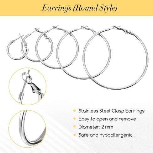 10 Pairs Silver and Gold Hoop Earrings, Stainless Steel Hoop Earrings, Lightweight Dangle Earring Set Big Thin Jewelry for Women (20/30/40/50/60 mm) in Saudi Arabia