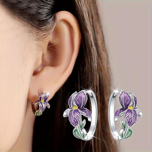 Charming Purple Flower Hoop Earrings for Women Handmade Enamel Accessories in Kuwait