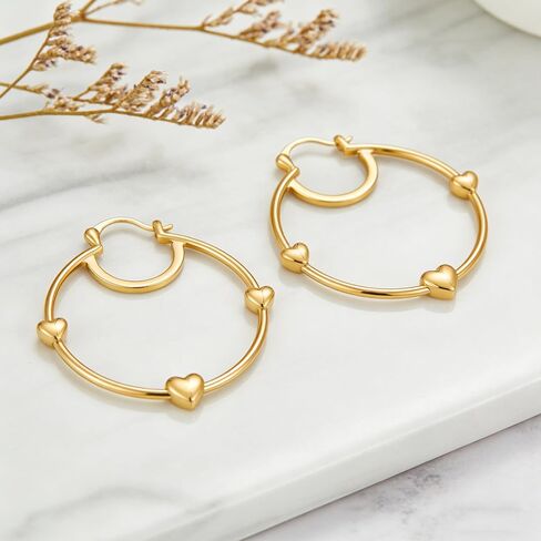 14K Gold Plated Heart Hoop Earrings for Women, Large 40mm Chunky Gold Hoops Lightweight Hypoallergenic Earrings for Sensitive Ears, Cute Trendy Jewelry in Saudi Arabia