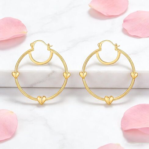 14K Gold Plated Heart Hoop Earrings for Women, Large 40mm Chunky Gold Hoops Lightweight Hypoallergenic Earrings for Sensitive Ears, Cute Trendy Jewelry in Saudi Arabia