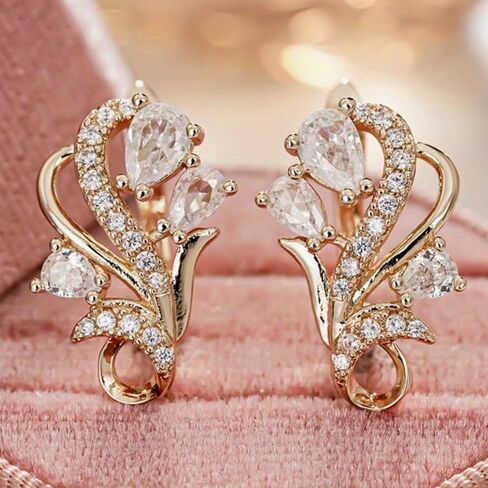 Fashion Exquisite Inlay Zirconia Flower Hoop Earrings for Women Daily Party Banquet Vintage Golden Earrings Jewelry in Kuwait