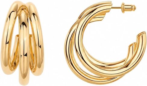 PAVOI 14K Yellow Gold Plated Chunky Multi Hoop Earrings for Women - Hypoallergenic Trendy Triple Split Loop Huggie Earrings in Kuwait