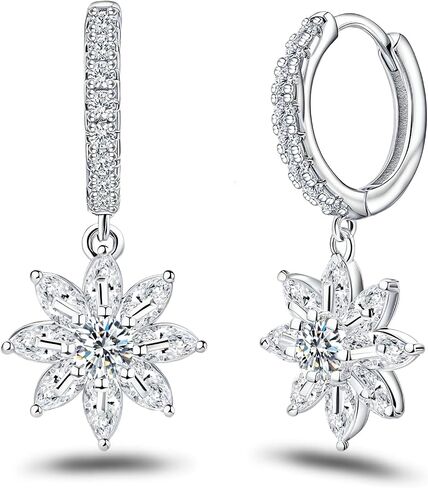 Sterling Silver Sparkling CZ Flower Dangle Hoop Earrings Dainty Small Crystal Daisy Flower Huggie Hoop Earrings Piercing Cartilage Jewelry for Women Wedding Birthday Party Gift Daughter Her in Kuwait