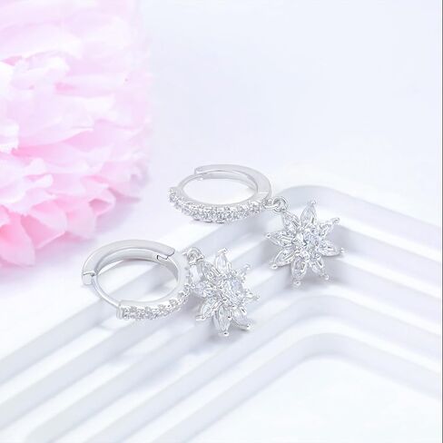 Sterling Silver Sparkling CZ Flower Dangle Hoop Earrings Dainty Small Crystal Daisy Flower Huggie Hoop Earrings Piercing Cartilage Jewelry for Women Wedding Birthday Party Gift Daughter Her in Kuwait