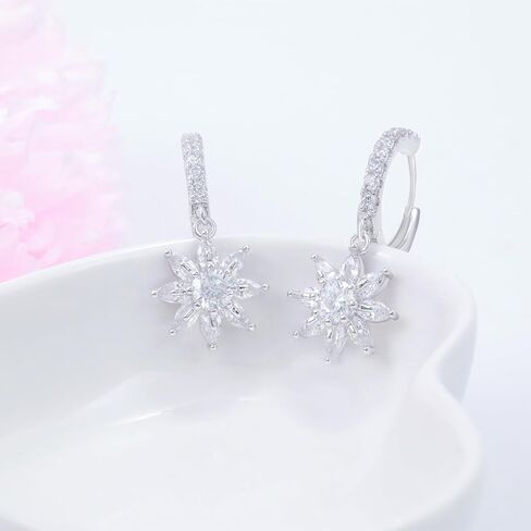 Sterling Silver Sparkling CZ Flower Dangle Hoop Earrings Dainty Small Crystal Daisy Flower Huggie Hoop Earrings Piercing Cartilage Jewelry for Women Wedding Birthday Party Gift Daughter Her in Kuwait