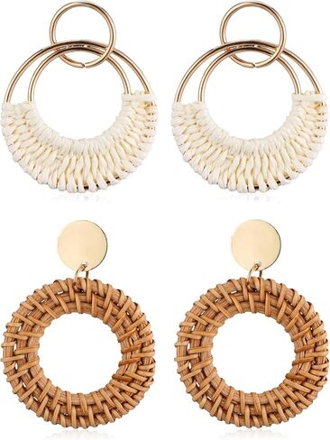 2 Pairs Boho Rattan Hoop Earrings Handmade Lightweight | Handmade Rattan Bamboo Round Hoop Alloy Round Summer Stud for Women, Lightweight and Stylish in Saudi Arabia