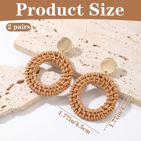 2 Pairs Boho Rattan Hoop Earrings Handmade Lightweight | Handmade Rattan Bamboo Round Hoop Alloy Round Summer Stud for Women, Lightweight and Stylish in Saudi Arabia