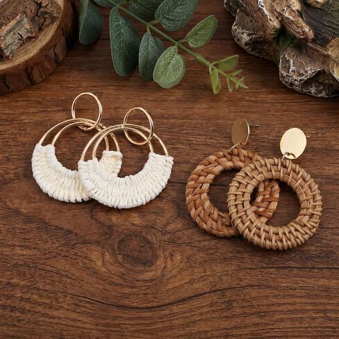 2 Pairs Boho Rattan Hoop Earrings Handmade Lightweight | Handmade Rattan Bamboo Round Hoop Alloy Round Summer Stud for Women, Lightweight and Stylish in Saudi Arabia